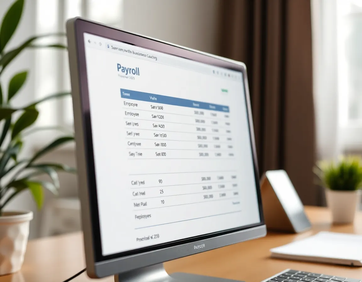 A computer screen showing a payroll software interface, with employee names and salary details being processed.