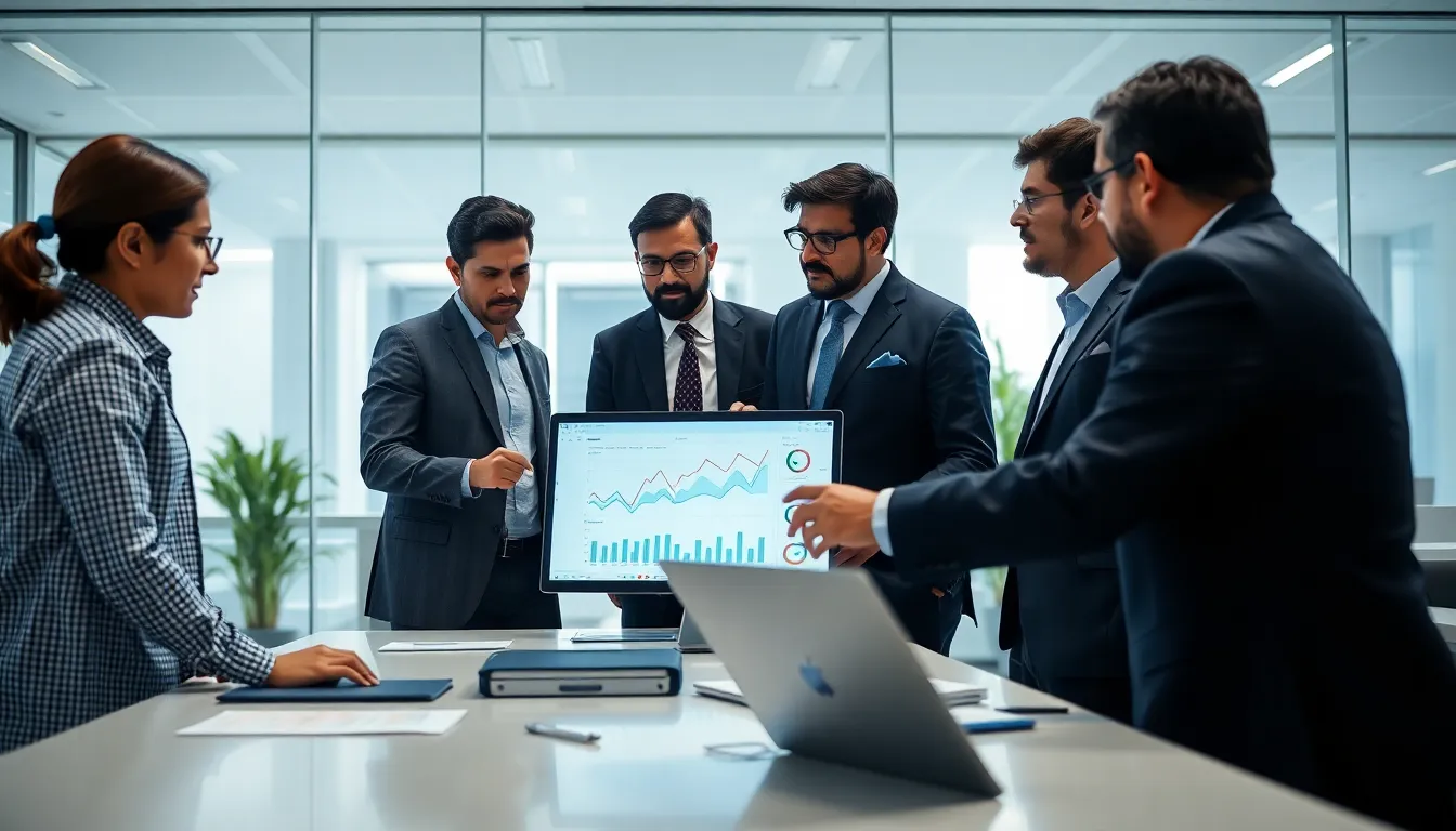 A team of Indian finance professionals collaborating in a modern office in New Delhi, discussing charts on a screen.