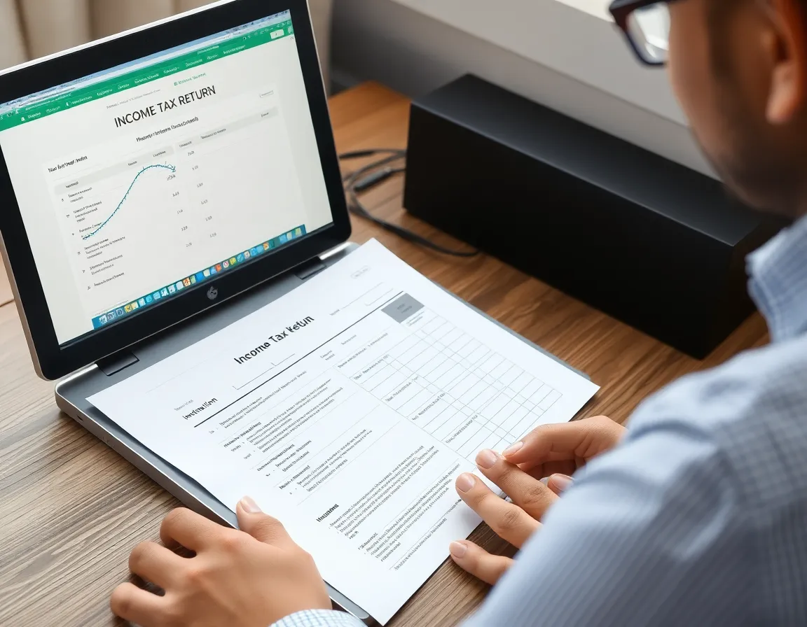 An individual carefully filling out an Income Tax Return (ITR) form on their computer, with Indian currency notes nearby.