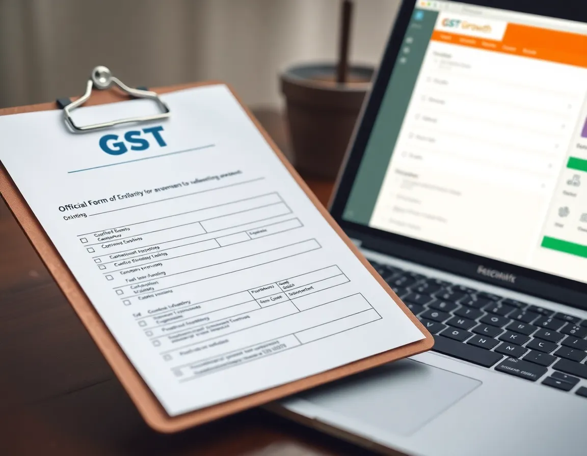 An official looking GST form on a clipboard next to a laptop displaying the GST portal of India.